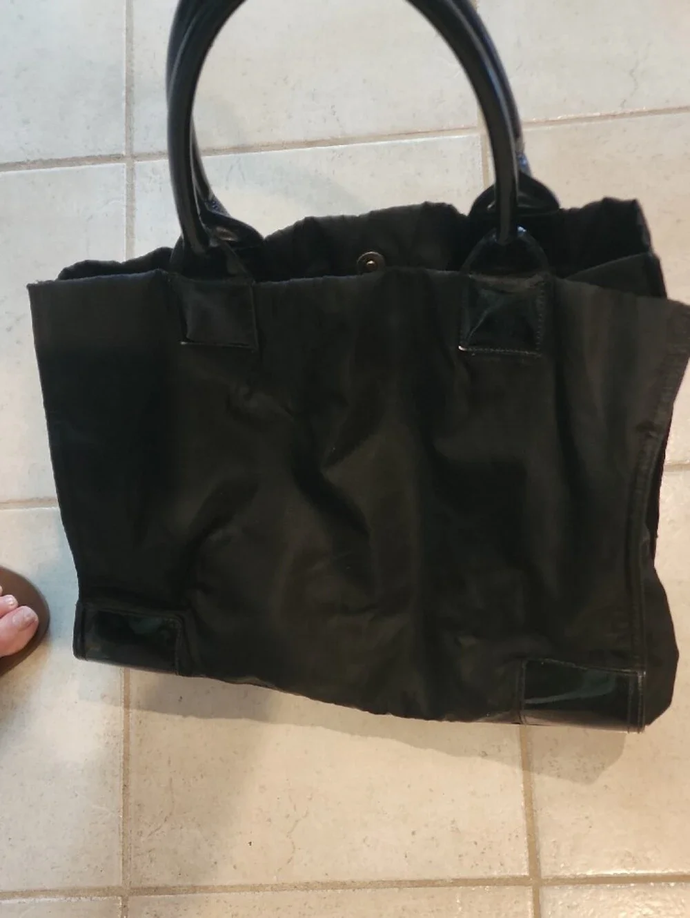 Tory Burch Black Patent-Trim Logo Tote
